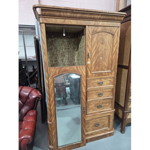 465 - A two sectioned walnut bedroom compactum with mirrored door (not attached) measurements: Height 206c... 