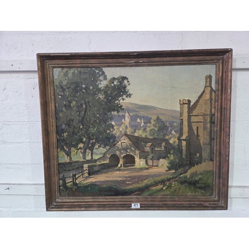 471 - A framed oil on canvas painting by Welsh artist Joseph Edward Hennah. A few buildings in the forefro... 