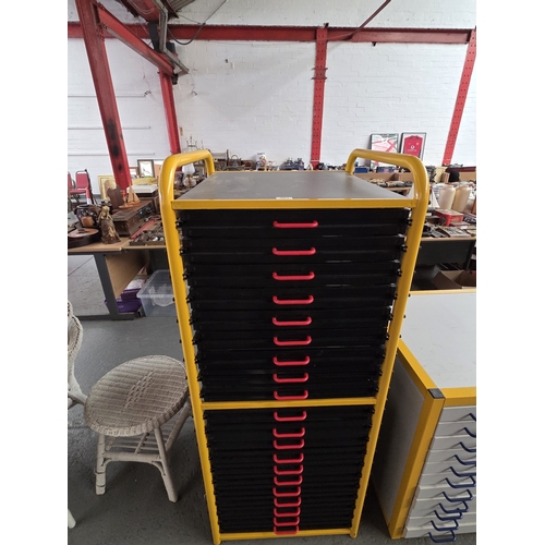 501 - A metal yellow framed multidrawer storage cabinet - 20 drawers
Height 154cm Width 63cm Depth 68cm