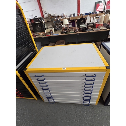 502 - A metal yellow framed multidrawer  plan chest with drawers 
Height 83cm Width 97cm Depth 69cm