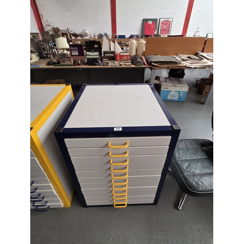 503 - A metal blue framed multidrawer cabinet - 11 drawers
H83cm W63cm D69cm