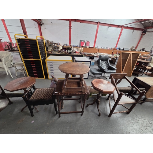 529 - Two wine tables, occasional table, coffee table and a monk's chair