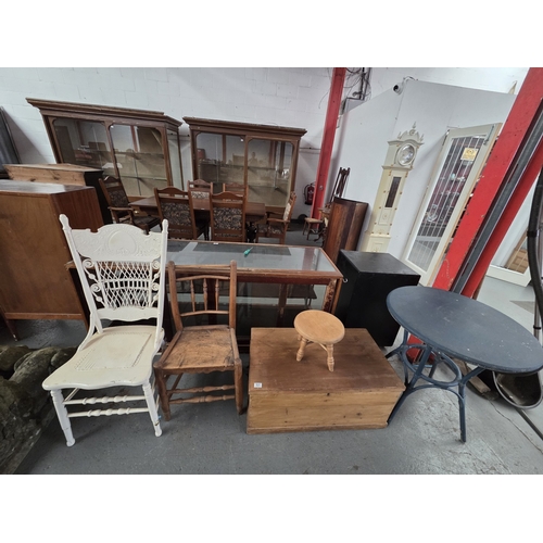531 - A painted garden table, two chairs, stool and a pine chest