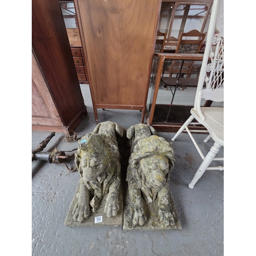 532 - A pair of early recumbent lion sculptures fashioned from cast reconstituted stone - Height 46cm, len... 