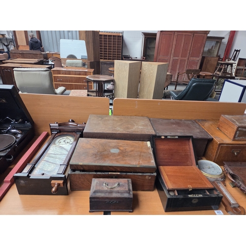 460 - Wooden writing slopes, boxes, tray clock, tea caddy, etc