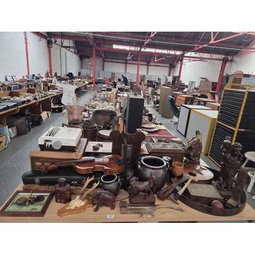 463 - Chip carved box, ebony elephants, carved items, violin, etc