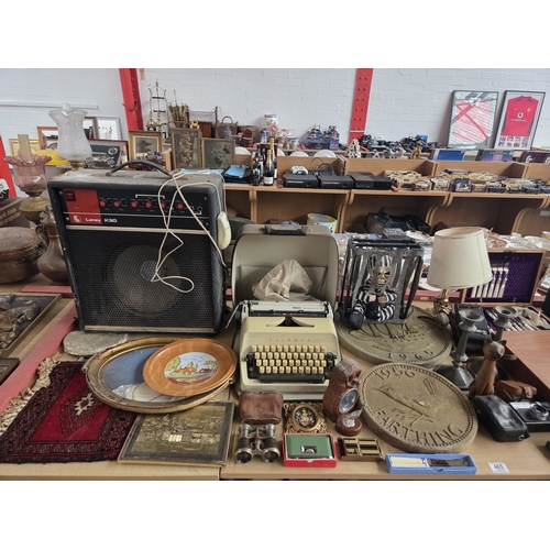 465 - Vintage items  to include a typewriter, Laney amplifier, cut throat razors, African mask, tins etc
