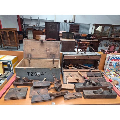 729 - Two carpenter's tool boxes with a selection of planes and other hand tools