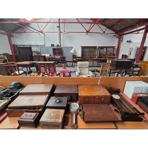 731 - Wooden writing slopes, boxes, tray clock, tea caddy, etc