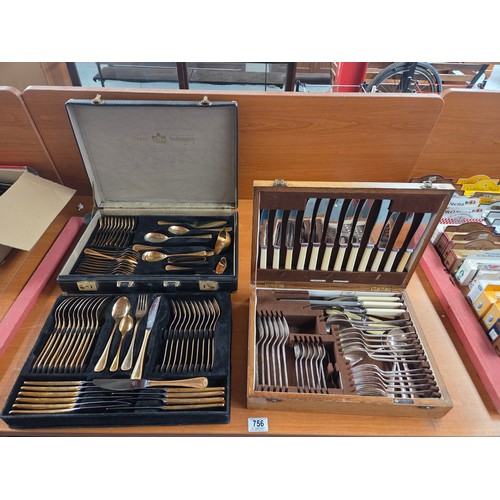 756 - A Solingen SBS 24 carat gold plated full cutlery set in case together with a Walker & Hall cutlery s... 