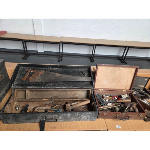 760 - Three carpenter's toolboxes and contents together with a quantity of turned pitch pine stair spindle... 