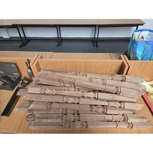 760 - Three carpenter's toolboxes and contents together with a quantity of turned pitch pine stair spindle... 