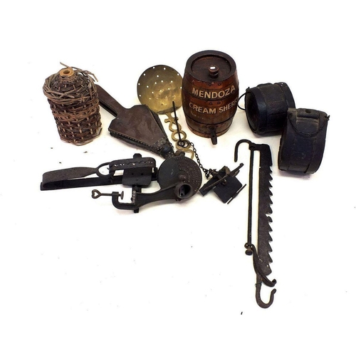 1092 - A collection of kitchenalia including three small antique beer & sherry barrels, wicker flagon, bras... 