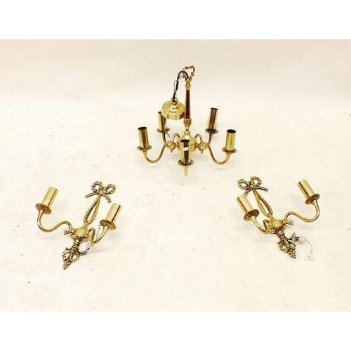 1096 - A five branch brass chandelier light fitting and two matching wall lights