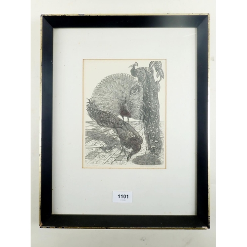 1101 - A Leslie Charlotte Benenson (1941 to 2018) - wood engraving of peacocks - signed and dated in pencil... 