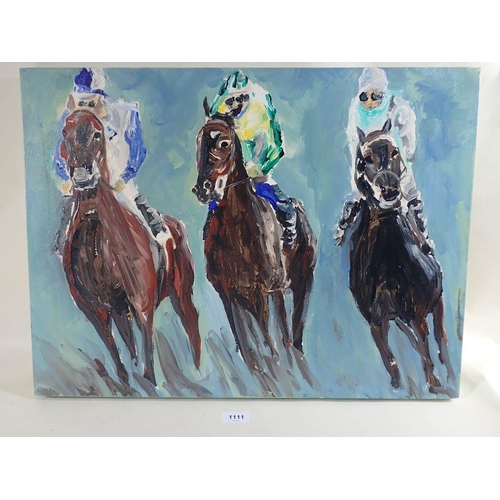 1111 - Oil on canvas, three race horses, signed to reverse indistinctly, 46 x 61cm