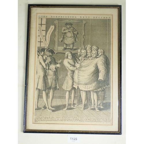 1125 - An early 19th century engraving 'The Surprising Bet Decided', showing men grouped inside  a huge wai... 