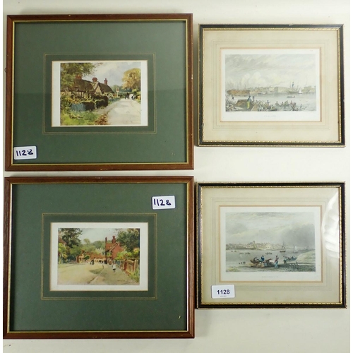 1128 - A pair of coloured engravings of Gosport and Portsmouth, 10 x 15cm and two other prints