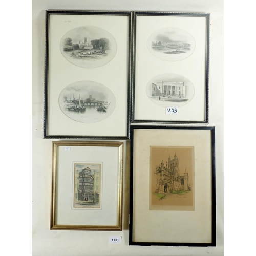 1133 - Four 19thC framed etchings, some relating to Gloucester - largest frame size 40 x 27cm