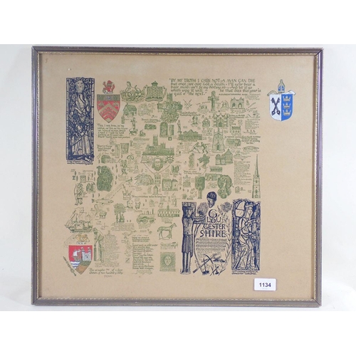 1134 - A mid 20thC 'Heraldic' map of Gloucestershire, limited edition number 1 of 250 - 44 x 49cm