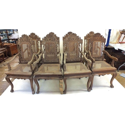 1149 - A set of eight Malaysian Colonial (Malaccan) carved hardwood dining chairs in mock Jacobean style wi... 