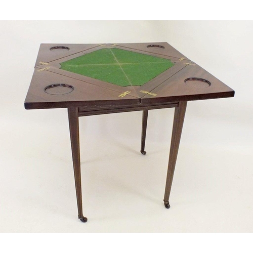 1165 - An Edwardian envelope card table with baize interior and counter dishes, 51 x 51 x 78cm .