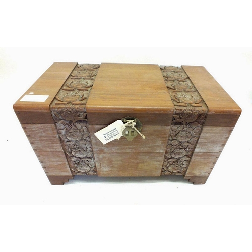 1175 - A camphorwood carved chest from Singapore decorated roses, 90 x 48 x 51cm