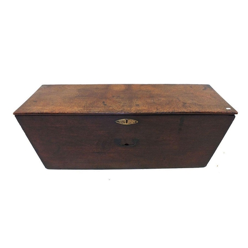 1184 - A 19th century mahogany box with hinged lid and tapered inward sloping sides, 84 x 29 x 27cm