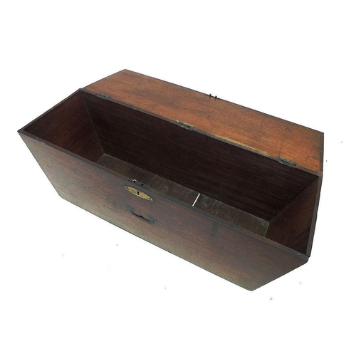 1184 - A 19th century mahogany box with hinged lid and tapered inward sloping sides, 84 x 29 x 27cm