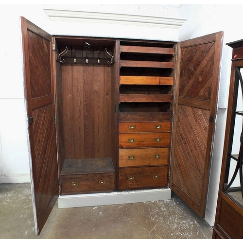 1197 - An Edwardian painted pitch pine wardrobe with diagonal panelling and fitted interior