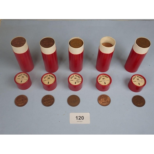 120 - Bank tubes of Elizabeth II halfpennies (5). 1950 & 1960's, tube marked 1953 contains (50) 1953 halfp... 