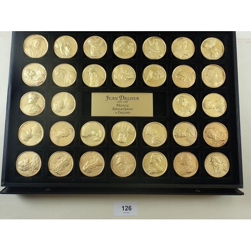 126 - A Jean Dassier set of 'Kings & Queens of England', medallions, cased 1676-1763, 32 total. Condition:... 