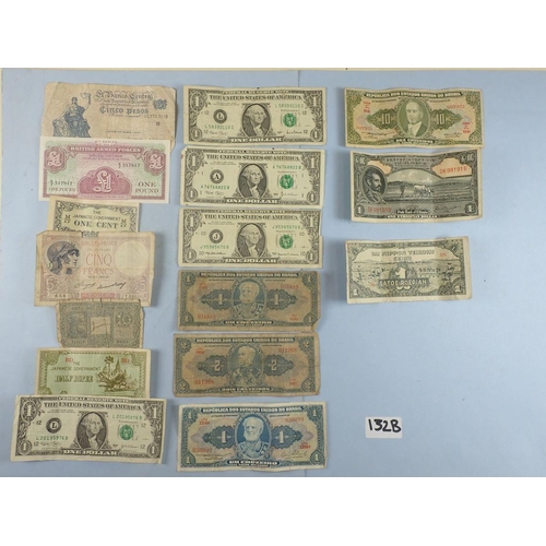 132B - A wad of banknotes, countries include: Argentina, Brazil, Ethiopia, Netherlands Indies, USA, sixteen... 