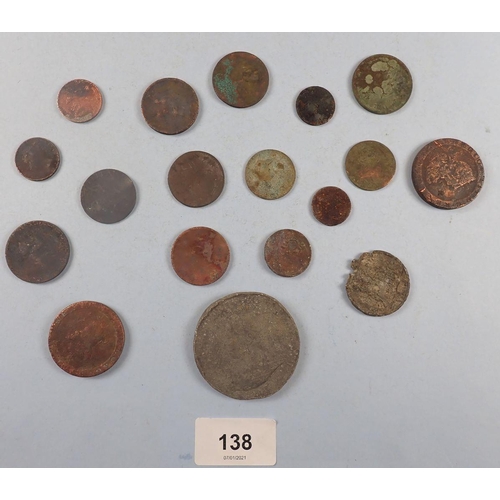 138 - A quantity of 18 approx copper bronze coinage/medallions, George III & Victoria mainly George III ha... 