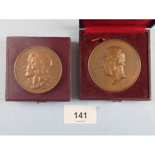 141 - Two bronze medallions including: (A) Revolution war hero Layfette, Paris mint death bronze medal 59 ... 