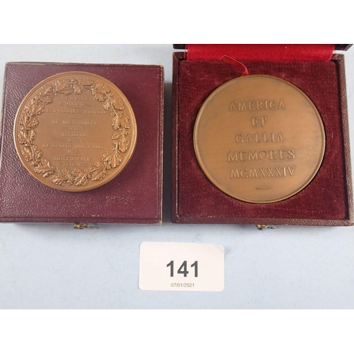 141 - Two bronze medallions including: (A) Revolution war hero Layfette, Paris mint death bronze medal 59 ... 