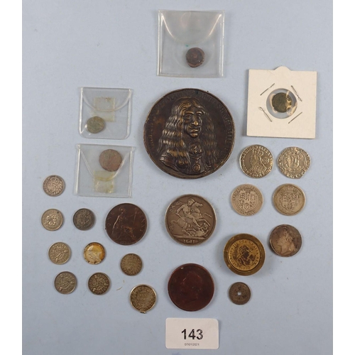 143 - A miscellaneous collection of silver content coinage, copper/bronze coins & medallion, Roman etc, ap... 