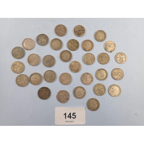 145 - A quantity of silver content silver threepences, approx 30 grms silver content. Condition: Poor-Fine