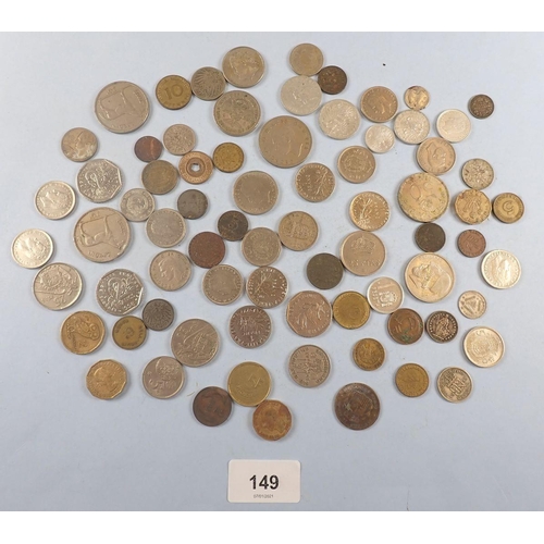 149 - A quantity of world coinage, examples include: Austria, Belgium, British pre-decimal, brass threepen... 