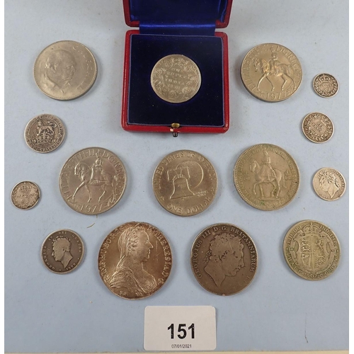 151 - A quantity of silver coinage and commemoratives, coins silver including George III crow, George IV s... 