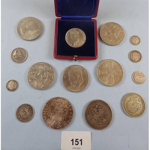 151 - A quantity of silver coinage and commemoratives, coins silver including George III crow, George IV s... 