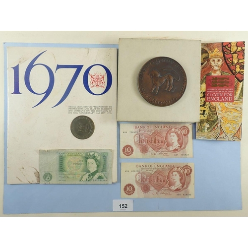 152 - Four items including: Presentation card with medal, Hudsons Bay Co 1970, 300th anniversary 1670, bro... 