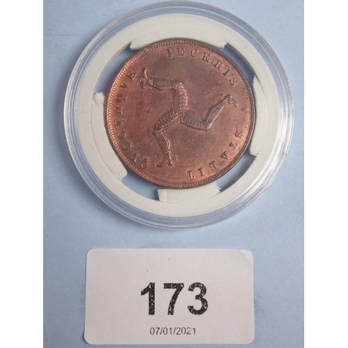 173 - Isle of Man, Victoria penny 1839, plain edge, WW in truncation, remaining lustre. Condition :EF