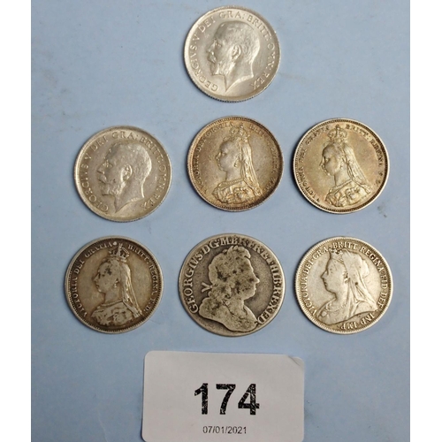 174 - A quantity of silver content coinage including: George I, shilling 1723 c/ss in quarters, Victoria, ... 