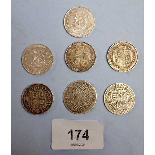 174 - A quantity of silver content coinage including: George I, shilling 1723 c/ss in quarters, Victoria, ... 