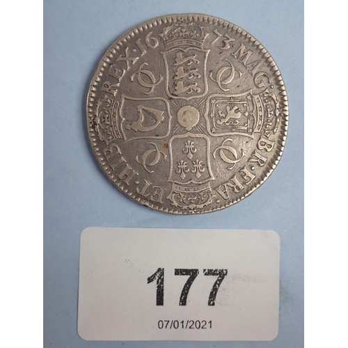 177 - A Charles II Crown 1673 Edge: V.QVINTO, third bust. Condition: Fine