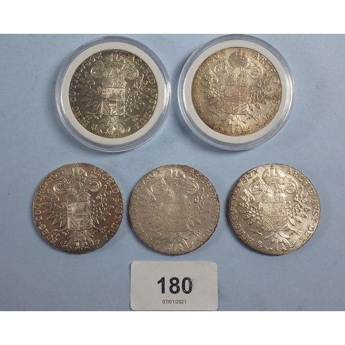 180 - A quantity of five silver Austria Thaler (trade coinage restrikes) 1780, approx 28gms each, 0.833 si... 