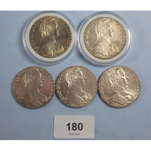 180 - A quantity of five silver Austria Thaler (trade coinage restrikes) 1780, approx 28gms each, 0.833 si... 