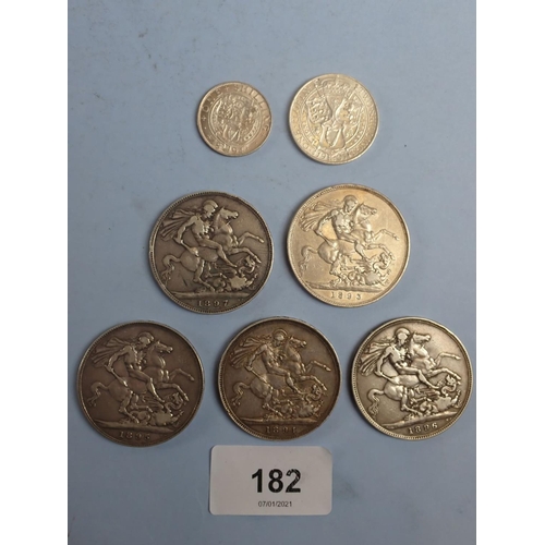 182 - A quantity of Victoria old veiled bust silver coinage including: Shilling 1894, Florin 1901, Crowns:... 