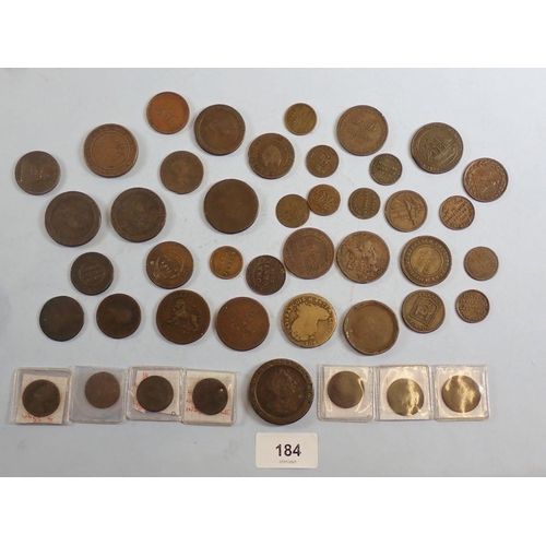 184 - Various copper/bronze coinage, some with description and numerous tokens 18th & 19th century. Tokens... 